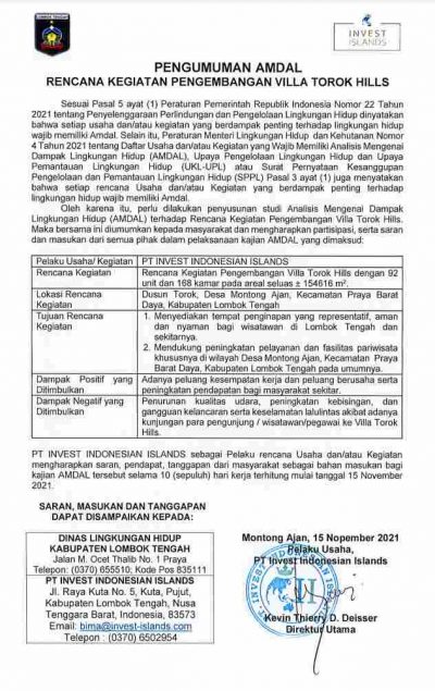 PENGUMUMAN AMDAL RENCANA KEGIATAN PENGEMBANGAN VILLA TOROK HILLS